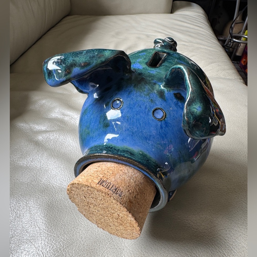 Pottery piggy bank with cork, Coin bank Blue green glazed